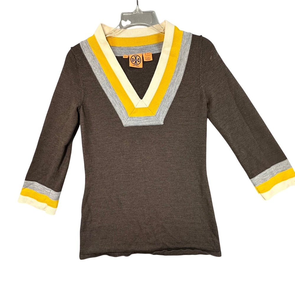 Tory Burch Wool V-Neck Striped Trim Sweater 3/4 Sleeve Brown XS Preppy Luxury